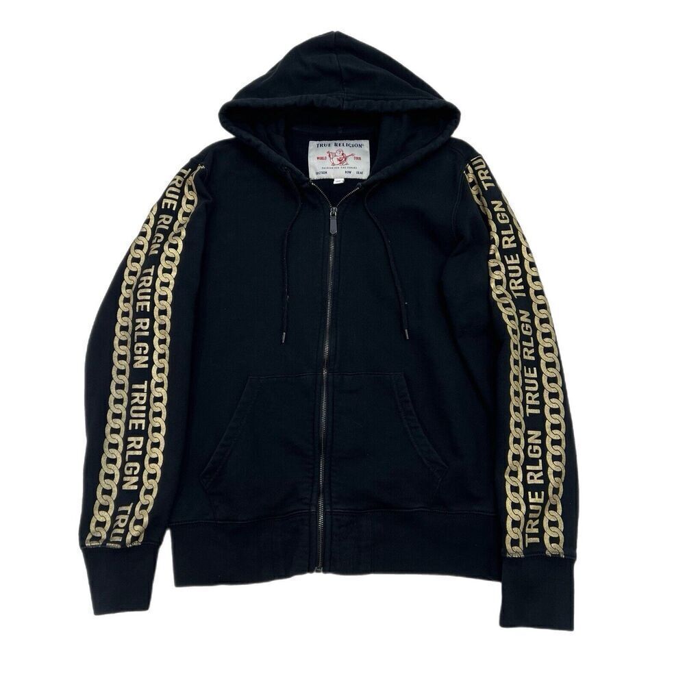 True Religion Hoodie Mens Small Black Gold Chain Spell Out Sleeves Full Zip